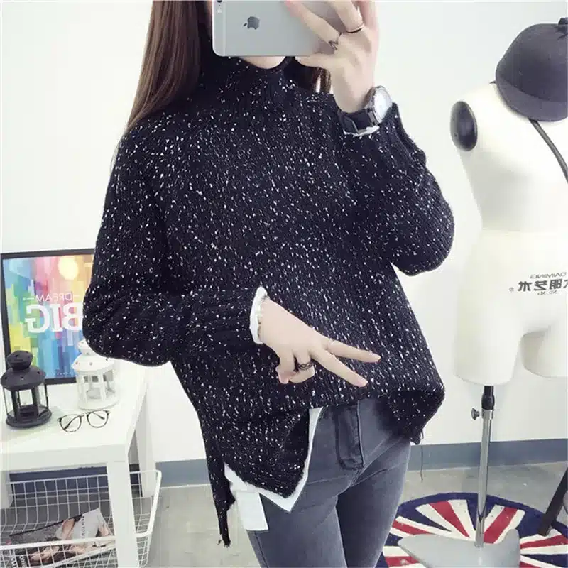 2017 Spring Women Wool Loose Knitted Casual Sweater Choker Dot Long Sleeve Fashion Thickening Stretch Girl's Pullover 36
