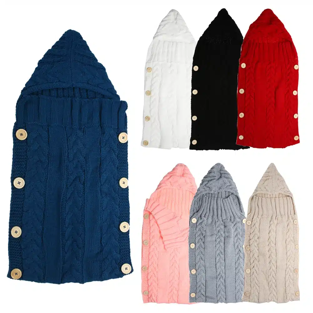 70*35cm Newborn Baby Sleeping Bag Winter Warm Wool Knitted Hoodie Swaddle Wrap Cute Soft Infant Swaddling Blanket Sleeping Bag 6