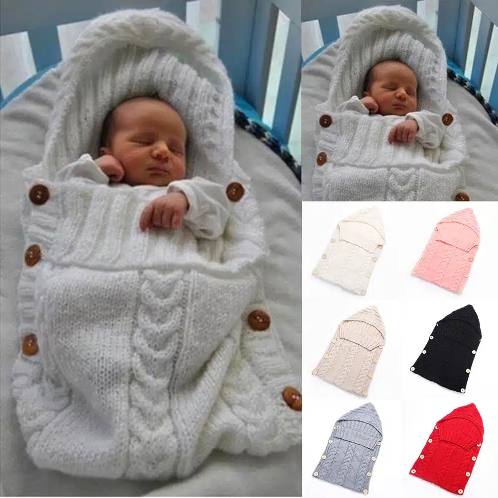 70*35cm Newborn Baby Sleeping Bag Winter Warm Wool Knitted Hoodie Swaddle Wrap Cute Soft Infant Swaddling Blanket Sleeping Bag 7