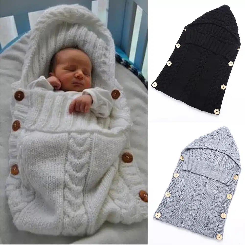70*35cm Newborn Baby Sleeping Bag Winter Warm Wool Knitted Hoodie Swaddle Wrap Cute Soft Infant Swaddling Blanket Sleeping Bag 8