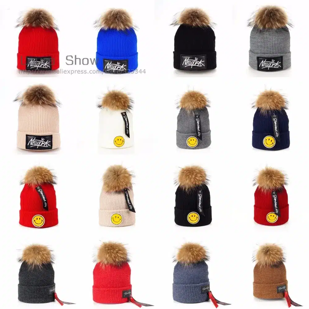 LAURASHOW Kids Boys Girl Hip Hop Cap Real Raccoon Fur Ball Pom Poms Knitted Wool Beanie Hat Warm Winter 9