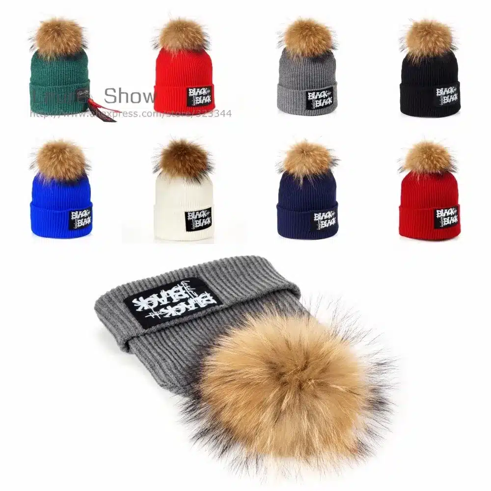 LAURASHOW Kids Boys Girl Hip Hop Cap Real Raccoon Fur Ball Pom Poms Knitted Wool Beanie Hat Warm Winter 10