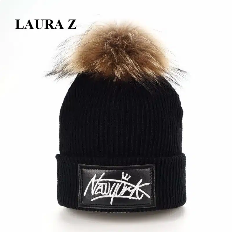 LAURASHOW Kids Boys Girl Hip Hop Cap Real Raccoon Fur Ball Pom Poms Knitted Wool Beanie Hat Warm Winter 11
