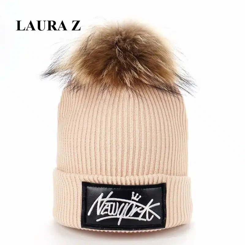 LAURASHOW Kids Boys Girl Hip Hop Cap Real Raccoon Fur Ball Pom Poms Knitted Wool Beanie Hat Warm Winter 12
