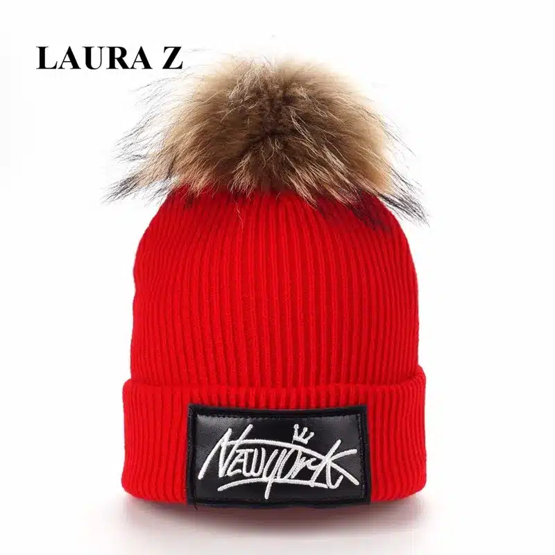 LAURASHOW Kids Boys Girl Hip Hop Cap Real Raccoon Fur Ball Pom Poms Knitted Wool Beanie Hat Warm Winter 13