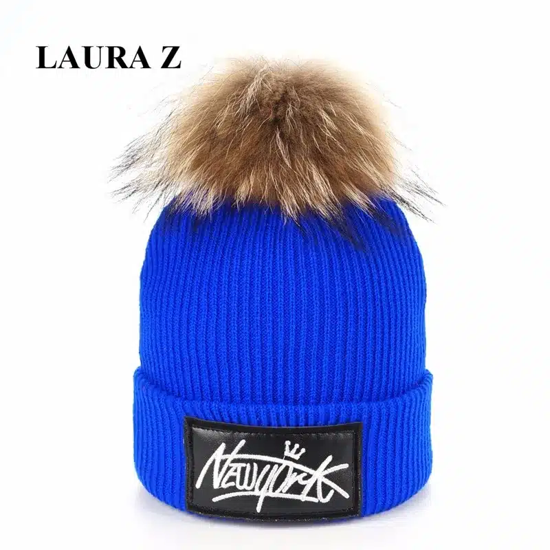 LAURASHOW Kids Boys Girl Hip Hop Cap Real Raccoon Fur Ball Pom Poms Knitted Wool Beanie Hat Warm Winter 14