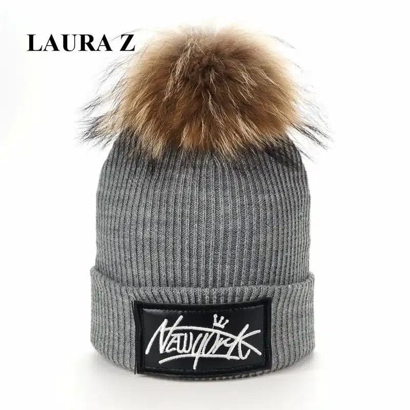LAURASHOW Kids Boys Girl Hip Hop Cap Real Raccoon Fur Ball Pom Poms Knitted Wool Beanie Hat Warm Winter 15