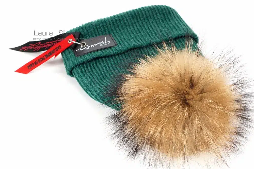 LAURASHOW Kids Boys Girl Hip Hop Cap Real Raccoon Fur Ball Pom Poms Knitted Wool Beanie Hat Warm Winter 22