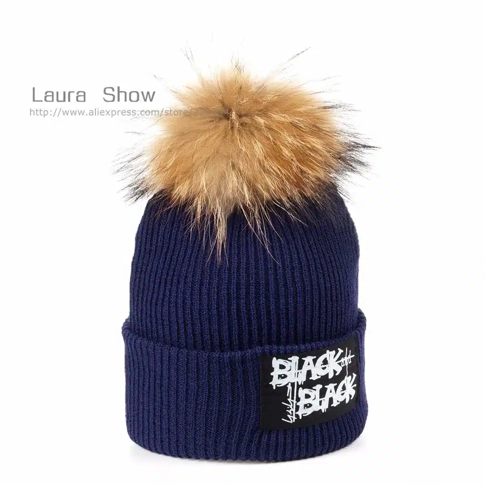 LAURASHOW Kids Boys Girl Hip Hop Cap Real Raccoon Fur Ball Pom Poms Knitted Wool Beanie Hat Warm Winter 23