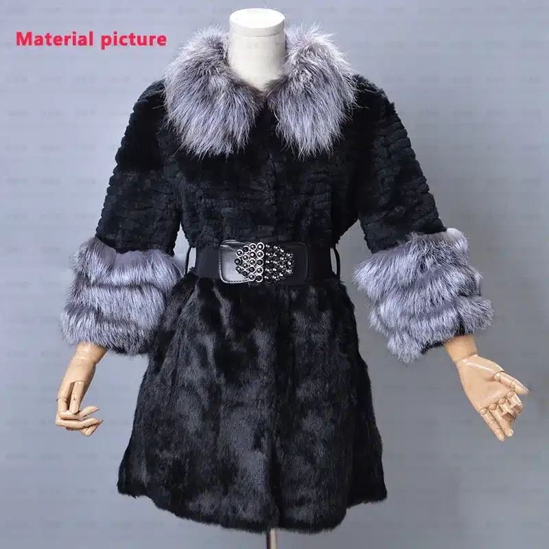 New pattern Real Rabbit fur coat Fox feather collar Belted Fox cuff Large size winter Russia Woman fashion Warm Pockets 5XL coat 11