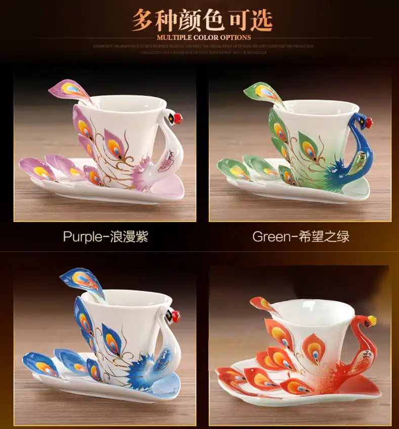 1 Pcs Peacock Coffee Cup Ceramic Creative Mugs Bone 3D Color Enamel Porcelain Cup with Saucer and Spoon Coffee Tea Sets 10
