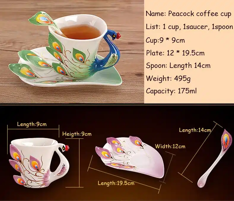 1 Pcs Peacock Coffee Cup Ceramic Creative Mugs Bone 3D Color Enamel Porcelain Cup with Saucer and Spoon Coffee Tea Sets 9
