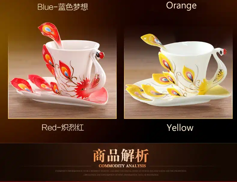 1 Pcs Peacock Coffee Cup Ceramic Creative Mugs Bone 3D Color Enamel Porcelain Cup with Saucer and Spoon Coffee Tea Sets 11
