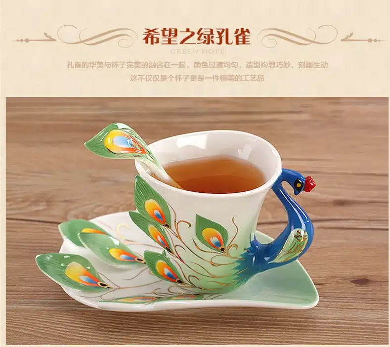 1 Pcs Peacock Coffee Cup Ceramic Creative Mugs Bone 3D Color Enamel Porcelain Cup with Saucer and Spoon Coffee Tea Sets 12