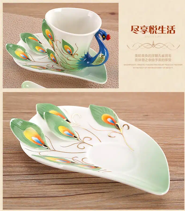 1 Pcs Peacock Coffee Cup Ceramic Creative Mugs Bone 3D Color Enamel Porcelain Cup with Saucer and Spoon Coffee Tea Sets 13