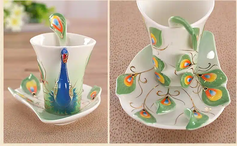 1 Pcs Peacock Coffee Cup Ceramic Creative Mugs Bone 3D Color Enamel Porcelain Cup with Saucer and Spoon Coffee Tea Sets 14