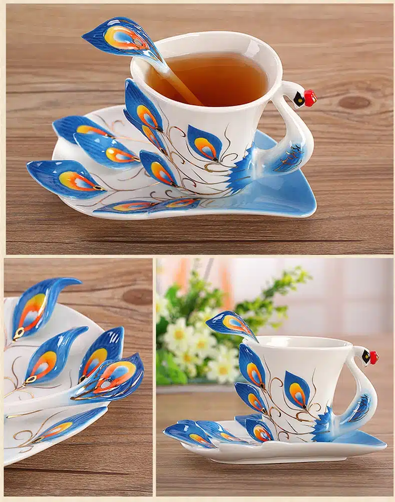 1 Pcs Peacock Coffee Cup Ceramic Creative Mugs Bone 3D Color Enamel Porcelain Cup with Saucer and Spoon Coffee Tea Sets 15