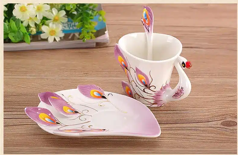 1 Pcs Peacock Coffee Cup Ceramic Creative Mugs Bone 3D Color Enamel Porcelain Cup with Saucer and Spoon Coffee Tea Sets 16