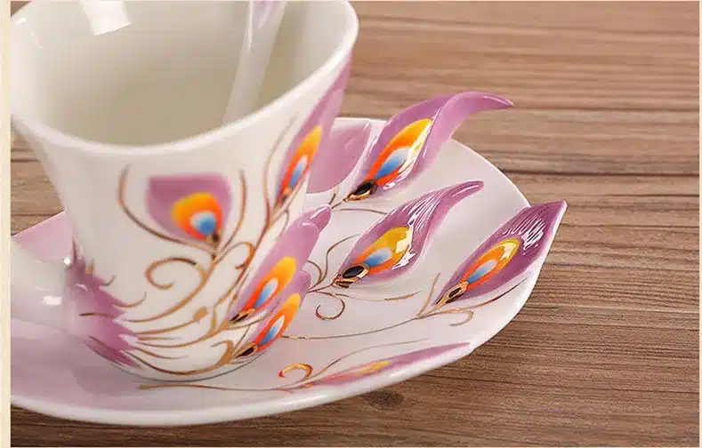 1 Pcs Peacock Coffee Cup Ceramic Creative Mugs Bone 3D Color Enamel Porcelain Cup with Saucer and Spoon Coffee Tea Sets 17