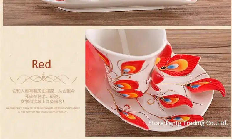 1 Pcs Peacock Coffee Cup Ceramic Creative Mugs Bone 3D Color Enamel Porcelain Cup with Saucer and Spoon Coffee Tea Sets 19