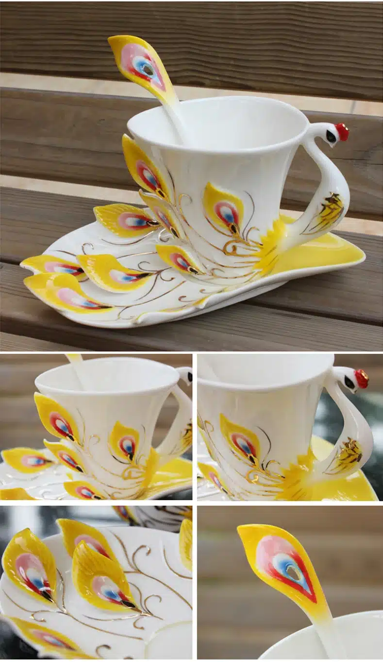 1 Pcs Peacock Coffee Cup Ceramic Creative Mugs Bone 3D Color Enamel Porcelain Cup with Saucer and Spoon Coffee Tea Sets 21
