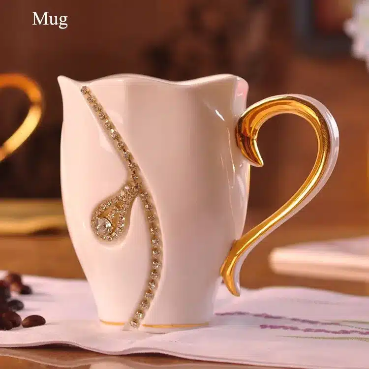 YEFINE Diamonds Design Coffee Mug Creative Gift Lovers Tea Cups 3D Ceramic Mugs With Rhinestones Decoration Cups And Saucers 11