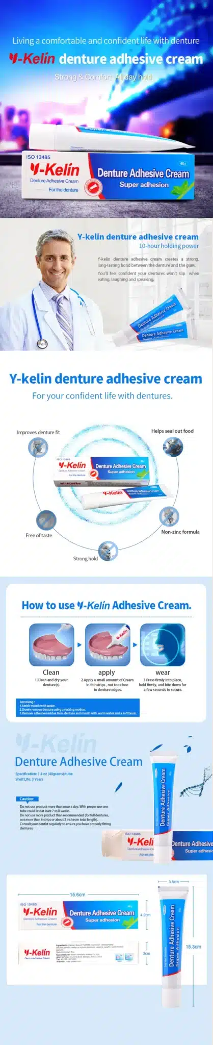 Y-Kelin Denture Adhesive Cream 120 gram (3 packs) Strong hold denture cream denture glue denture paste 1