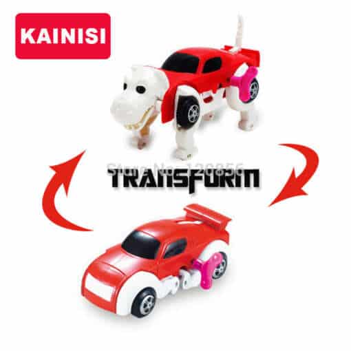 punane ja valge mänguasi, mis muutub dinosauruseks ja autoks
