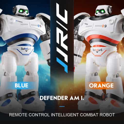kaks valget kaugjuhitavat robotit, üks siniste ja teine oranžide detailidega