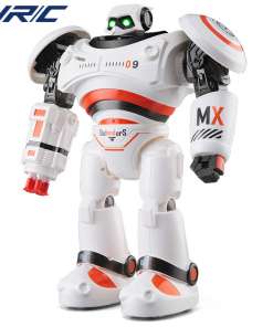valge ja oranži detailidega RC robot, millel on mustad käed ja jalad ning rohelised silmad