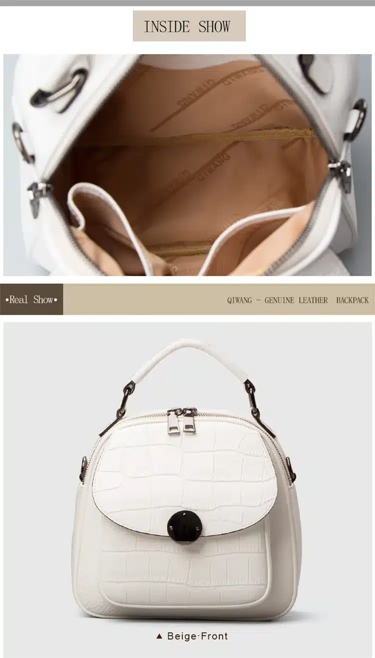 QIWANG Genuine Leather Backpack Woman Beige Bag Luxury Backpacks Purse Ladies Travel Bag Small Backpack for Girl 16