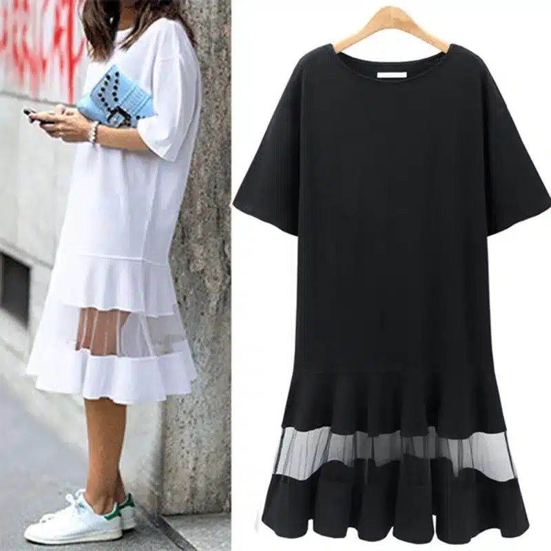 Self Duna 2017 summer Women Plus Size Dress 3XL 4XL XXXL XXXXL Shift Dress Loose Black White Mesh Short Sleeve T Shirt Dress 2