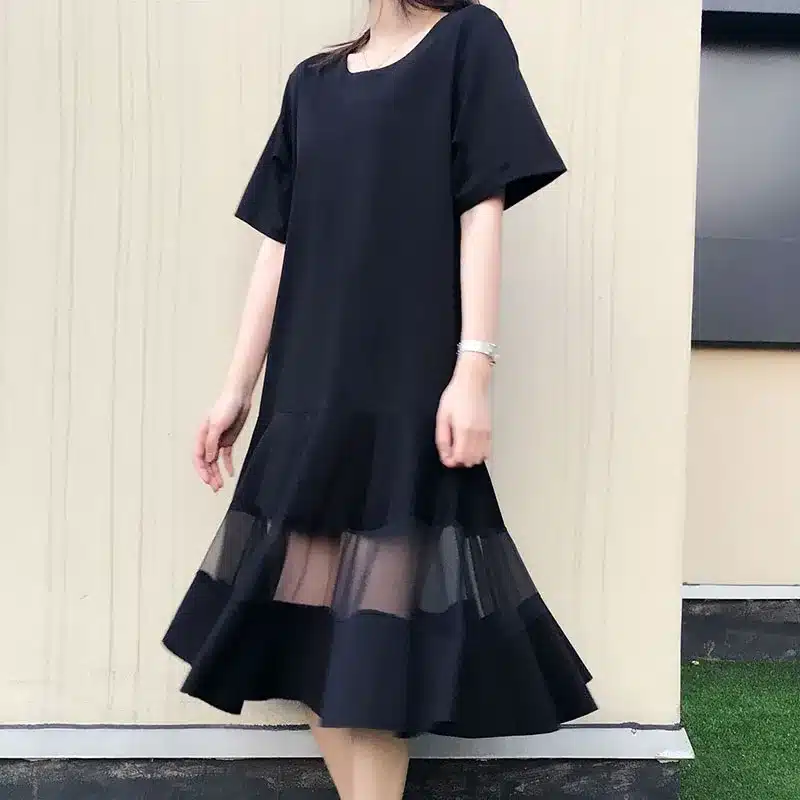 Self Duna 2017 summer Women Plus Size Dress 3XL 4XL XXXL XXXXL Shift Dress Loose Black White Mesh Short Sleeve T Shirt Dress 3