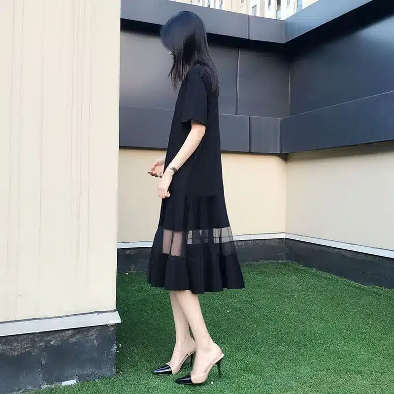 Self Duna 2017 summer Women Plus Size Dress 3XL 4XL XXXL XXXXL Shift Dress Loose Black White Mesh Short Sleeve T Shirt Dress 4
