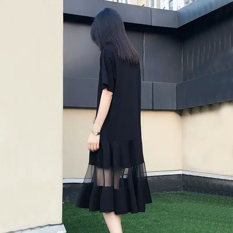 Self Duna 2017 summer Women Plus Size Dress 3XL 4XL XXXL XXXXL Shift Dress Loose Black White Mesh Short Sleeve T Shirt Dress 5
