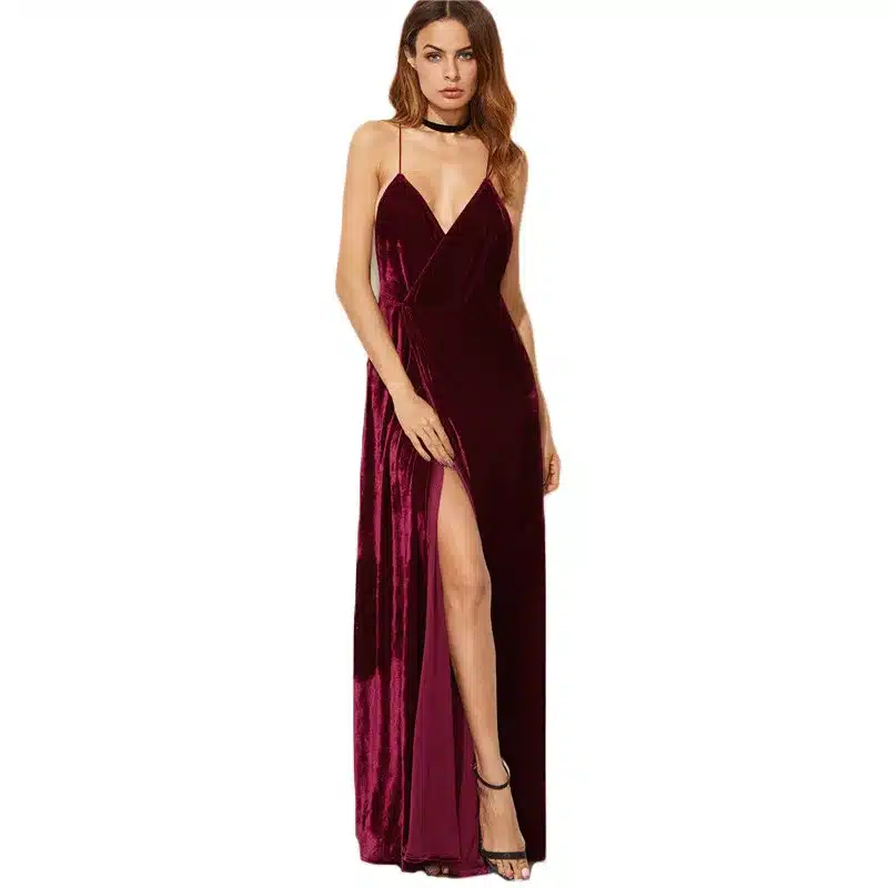COLROVIE Burgundy Velvet Maxi Backless Dress Womens Autumn Party Dresses Deep V Neck Long Elegant Dress New Strappy Wrap Dress 18