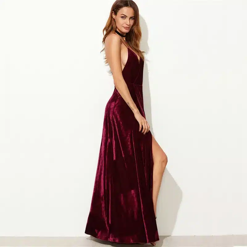 COLROVIE Burgundy Velvet Maxi Backless Dress Womens Autumn Party Dresses Deep V Neck Long Elegant Dress New Strappy Wrap Dress 20