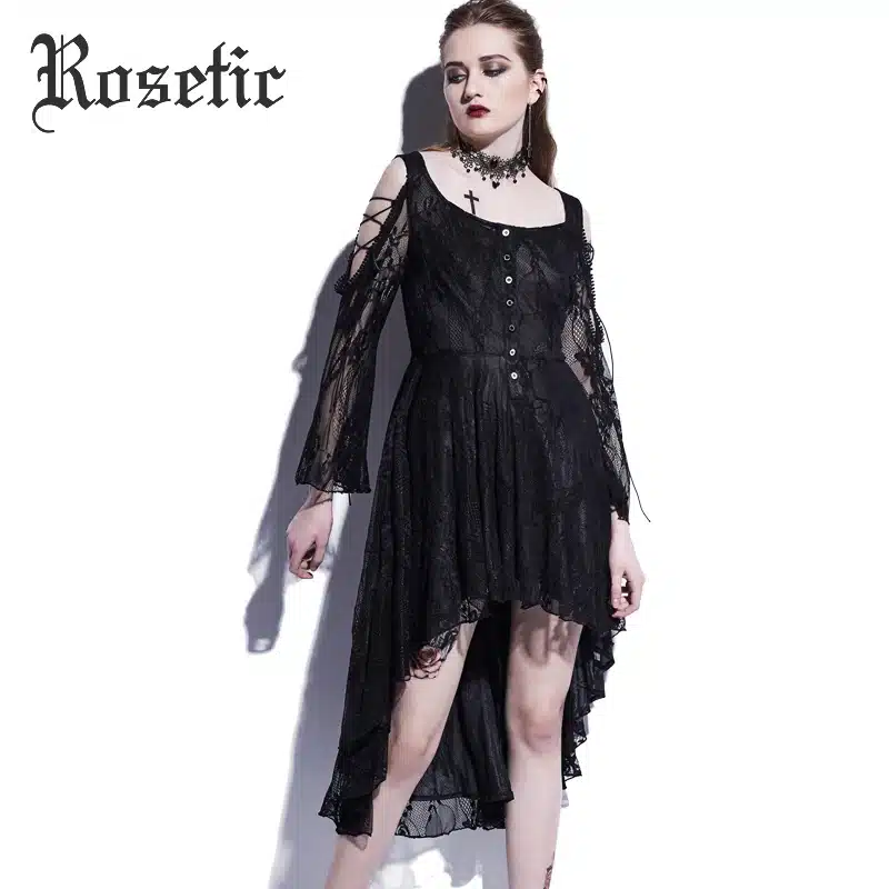 Rosetic Gothic Asymmetrical Dress Black Lace Hollow Fashion Casual Dress Women Witch Streetwear Preppy Dark Sexy Mod Goth Dress 15