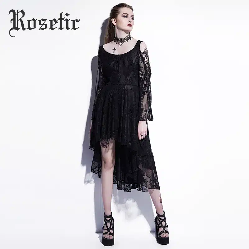 Rosetic Gothic Asymmetrical Dress Black Lace Hollow Fashion Casual Dress Women Witch Streetwear Preppy Dark Sexy Mod Goth Dress 16