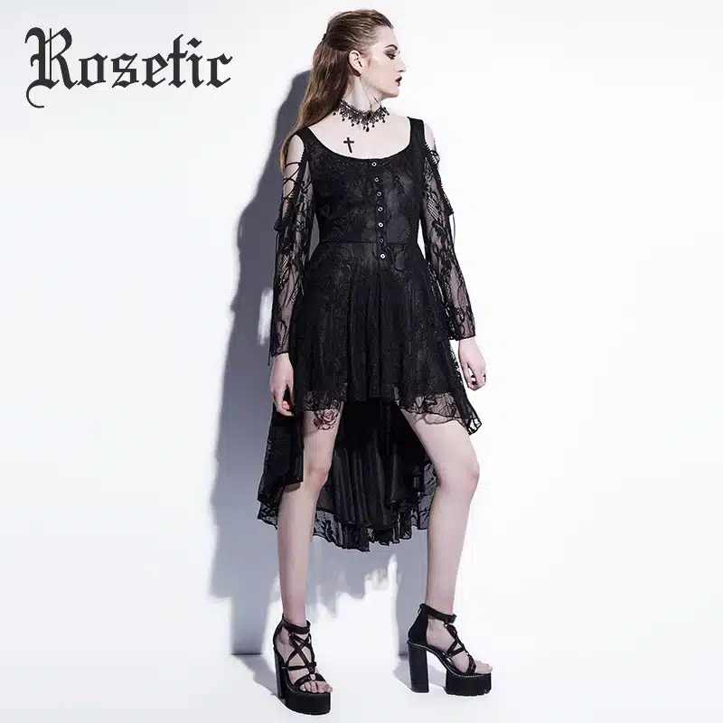 Rosetic Gothic Asymmetrical Dress Black Lace Hollow Fashion Casual Dress Women Witch Streetwear Preppy Dark Sexy Mod Goth Dress 18