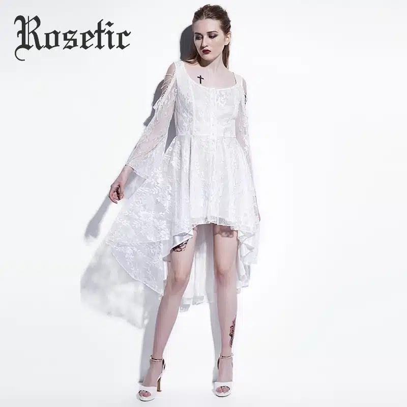 Rosetic Gothic Asymmetrical Dress Black Lace Hollow Fashion Casual Dress Women Witch Streetwear Preppy Dark Sexy Mod Goth Dress 24