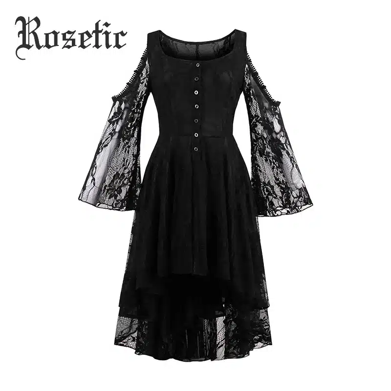 Rosetic Gothic Asymmetrical Dress Black Lace Hollow Fashion Casual Dress Women Witch Streetwear Preppy Dark Sexy Mod Goth Dress 26