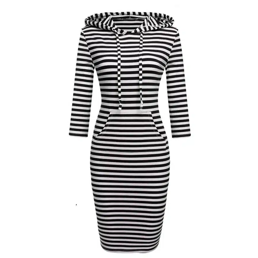 2018 Fashion Women Striped Hoody Hoodie Hooded with Pockets Spring Autumn Wear Bodycon Soft Elasticity Casual Pencil Dress 6