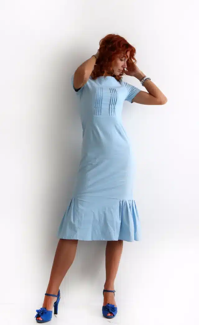 Sisjuly 2017 New Summer Women Retro Bodycon Dress Light Blue Sheath Mid Calf Female Elegant Mermaid Style O Neck Vintage Dresses 4