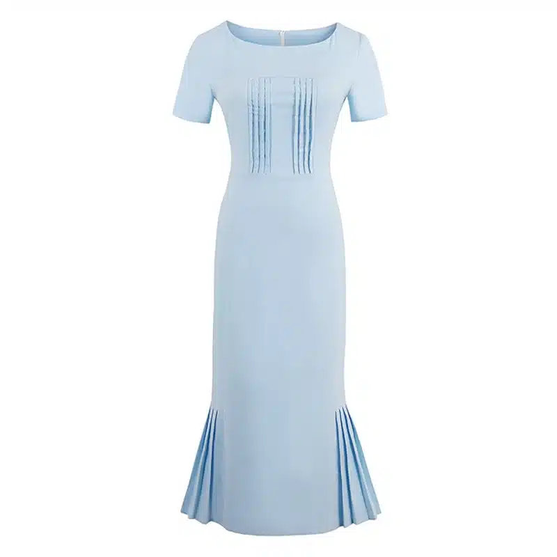 Sisjuly 2017 New Summer Women Retro Bodycon Dress Light Blue Sheath Mid Calf Female Elegant Mermaid Style O Neck Vintage Dresses 12