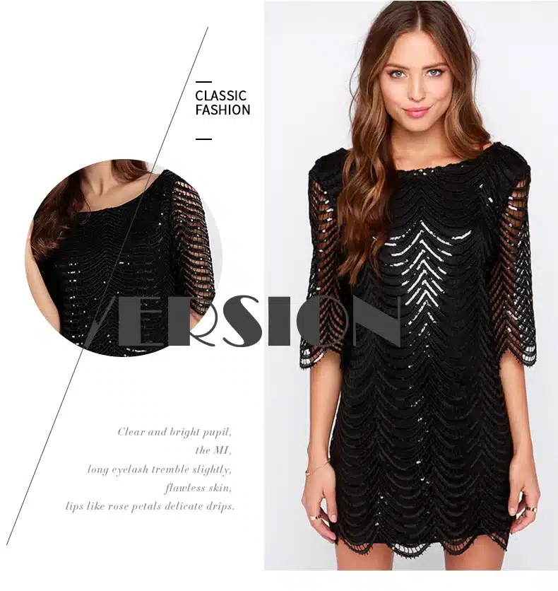 HDY Haoduoyi Golden Wave Sequin Lace Dress Women Backless Bla Sheer Shift Dresses Cut Out Sequin Mesh Straight Dress Vestidos 16