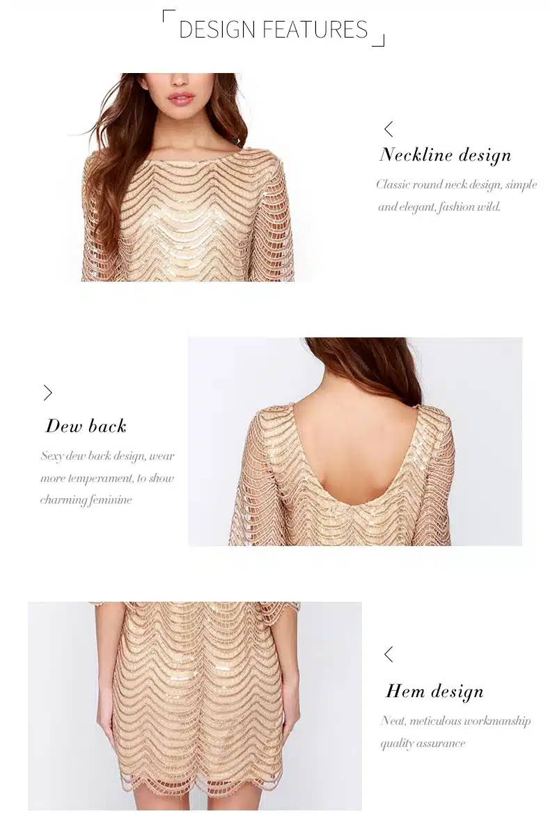 HDY Haoduoyi Golden Wave Sequin Lace Dress Women Backless Bla Sheer Shift Dresses Cut Out Sequin Mesh Straight Dress Vestidos 17