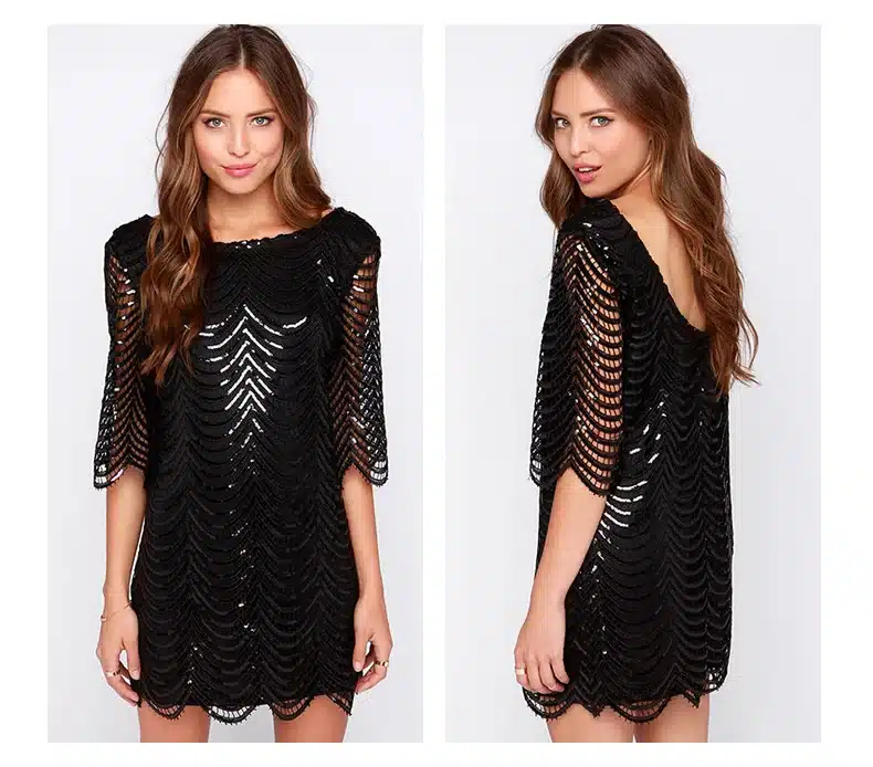 HDY Haoduoyi Golden Wave Sequin Lace Dress Women Backless Bla Sheer Shift Dresses Cut Out Sequin Mesh Straight Dress Vestidos 21