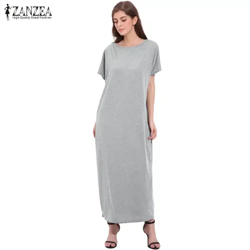 2018 Womens Summer Round Neck Short Sleeves Loose Casual Party Solid Maxi Long Dress Kaftan Vestido S-XL 12