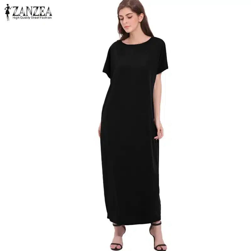 2018 Womens Summer Round Neck Short Sleeves Loose Casual Party Solid Maxi Long Dress Kaftan Vestido S-XL 14